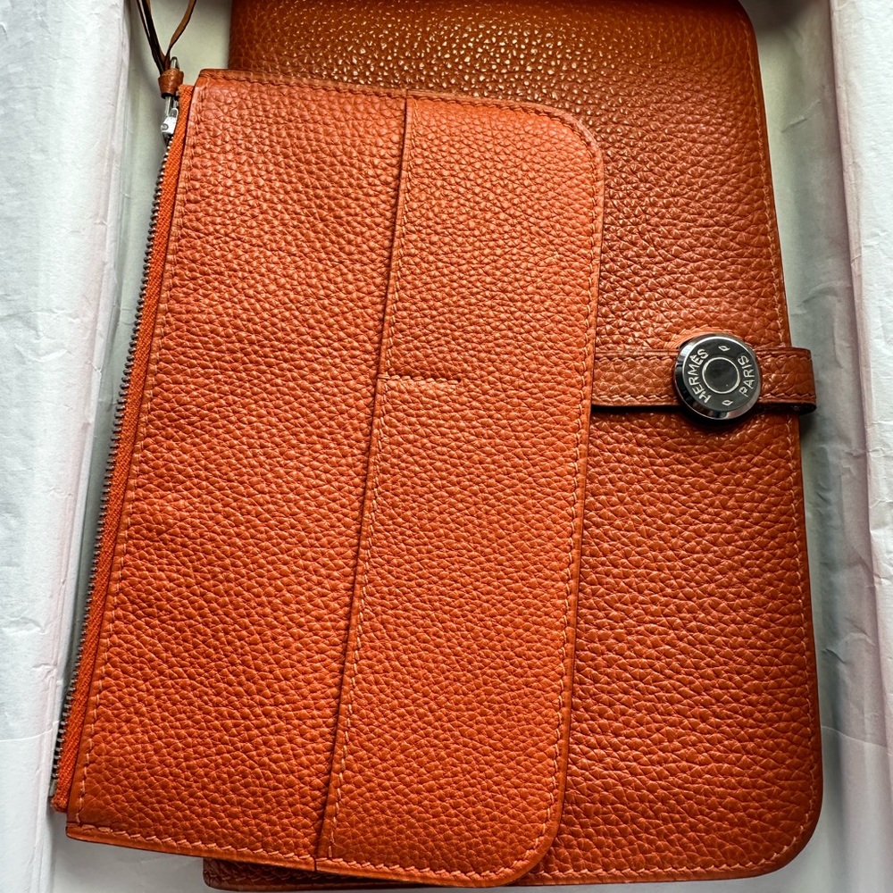 🧡Hermès Dogon Dou GM wallet w/pouch, Togo leather, Palladium, Box, holds iPhone